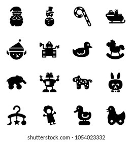 Solid vector icon set - santa claus vector, snowman, lollipop, sleigh, christmas elf, robot, duck toy, rocking horse, elephant wheel, rabbit, baby carousel, doll