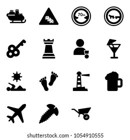 Solid vector icon set - santa sleigh vector, multi lane traffic road sign, limited distance, no cart horse, key, chess tower, winner, drink, reading, feet, lighthouse, beer, plane, screw