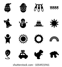 Solid vector icon set - santa claus vector, garland, bell, snowman, cake, sun, success, rainbow, balloon smile, car toy, dinosaur, elephant wheel