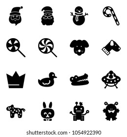Solid vector icon set - santa claus vector, snowman, lollipop, dog, crown, duck toy, crocodile, ufo, horse, rabbit, robot, monster