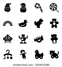 Solid vector icon set - santa claus vector, lollipop, rainbow, duck toy, dinosaur, bear, ufo, robot, horn, baby carousel, doll, cat