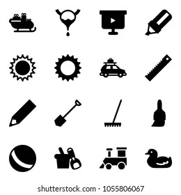 Solid vector icon set - santa sleigh vector, bladder, presentation board, highlight marker, sun, car baggage, ruler, pencil, shovel, rake, brush, ball, bucket, toy train, duck