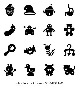 Solid vector icon set - santa claus vector, christmas hat, elf, stomach, eggplant, robot, bear toy, beanbag, horn, caterpillar, baby carousel, duck, monster, cat