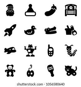Solid vector icon set - santa claus vector, christmas hat, eggplant, money chest, rocket, duck toy, crocodile, shovel bucket, plane, robot, phone, caterpillar, bear, yoyo, beanbag, cat
