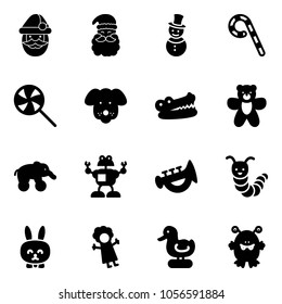 Solid vector icon set - santa claus vector, snowman, lollipop, dog, crocodile, bear toy, elephant wheel, robot, horn, caterpillar, rabbit, doll, duck, monster