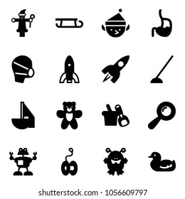 Solid vector icon set - santa claus vector, sleigh, christmas elf, stomach, medical mask, rocket, hoe, sailboat toy, bear, shovel bucket, beanbag, robot, yoyo, monster, duck