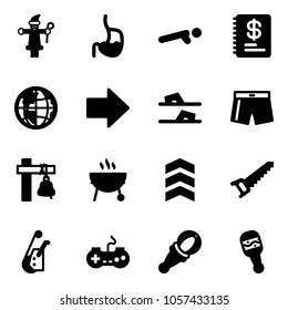 Solid vector icon set - santa claus vector, stomach, push ups, annual report, globe, right arrow, flip flops, swimsuit, ship bell, grill, chevron, saw, winch, gamepad, beanbag