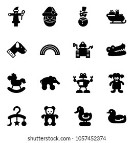 Solid vector icon set - santa claus vector, snowman, sleigh, dog, rainbow, robot, crocodile, rocking horse, elephant wheel, doll, baby carousel, bear toy, duck