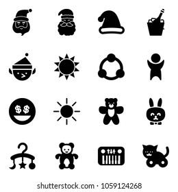 Solid vector icon set - santa claus vector, christmas hat, champagne, elf, sun, community, success, money smile, bear toy, rabbit, baby carousel, piano, cat