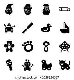 Solid vector icon set - santa claus vector, sleigh, robot, rasp, duck toy, sailboat, bear, beanbag, ufo, cat