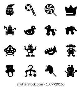 Solid vector icon set - santa claus vector, lollipop, crown, robot, duck toy, wheel horse, elephant, ufo, horn, doll, bear, baby carousel, unicorn stick