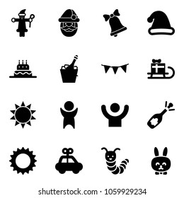 Solid vector icon set - santa claus vector, bell, christmas hat, cake, champagne, flag garland, sleigh gift, sun, success, fizz opening, car toy, caterpillar, rabbit