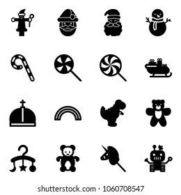 Solid vector icon set - santa claus vector, snowman, lollipop, sleigh, crown, rainbow, dinosaur toy, bear, baby carousel, unicorn stick, robot
