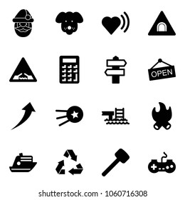 Solid vector icon set - santa claus vector, dog, heart beat, tunnel road sign, drawbridge, calculator, signpost, open, growth, first satellite, pool, fire, cruiser, recycling, rubber hammer, gamepad