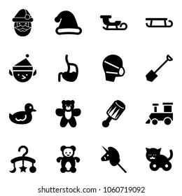 Solid vector icon set - santa claus vector, christmas hat, sleigh, elf, stomach, medical mask, shovel, duck toy, bear, beanbag, train, baby carousel, unicorn stick, cat