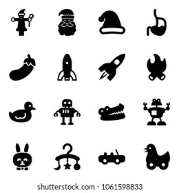 Solid vector icon set - santa claus vector, christmas hat, stomach, eggplant, rocket, fire, duck toy, robot, crocodile, rabbit, baby carousel, car