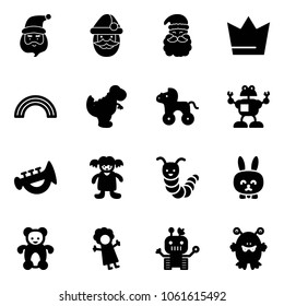 Solid vector icon set - santa claus vector, crown, rainbow, dinosaur toy, wheel horse, robot, horn, doll, caterpillar, rabbit, bear, monster