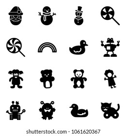 Solid vector icon set - santa claus vector, snowman, lollipop, rainbow, duck toy, robot, doll, bear, monster, cat