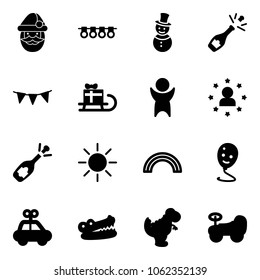 Solid vector icon set - santa claus vector, garland, snowman, champagne, flag, sleigh gift, success, star man, fizz opening, sun, rainbow, balloon smile, car toy, crocodile, dinosaur, baby