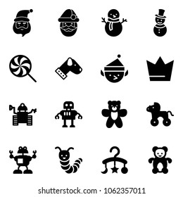 Solid vector icon set - santa claus vector, snowman, lollipop, dog, christmas elf, crown, robot, bear toy, wheel horse, caterpillar, baby carousel