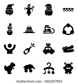 Solid vector icon set - santa claus vector, garland, snowman, cake, sleigh gift, community, success, fizz opening, car toy, crocodile, dinosaur, elephant wheel, baby carousel, monster