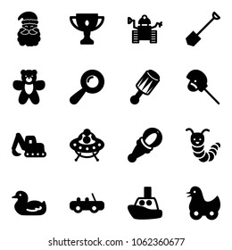 Solid vector icon set - santa claus vector, gold cup, robot, shovel, bear toy, beanbag, horse stick, excavator, ufo, caterpillar, duck, car, boat