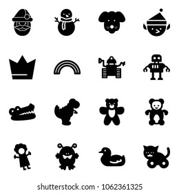 Solid vector icon set - santa claus vector, snowman, dog, christmas elf, crown, rainbow, robot, crocodile, dinosaur toy, bear, doll, monster, duck, cat