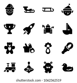 Solid vector icon set - santa claus vector, sleigh, christmas elf, gold cup, rocket, robot, sailboat toy, bear, shovel bucket, beanbag, train, wirligig, monster, duck