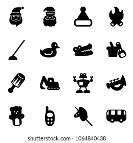 Solid vector icon set - santa claus vector, christmas hat, fire, hoe, duck toy, crocodile, shovel bucket, beanbag, excavator, robot, horn, bear, phone, unicorn stick, bus