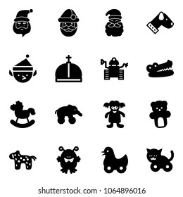 Solid vector icon set - santa claus vector, dog, christmas elf, crown, robot, crocodile, rocking horse, elephant wheel, doll, bear toy, monster, duck, cat