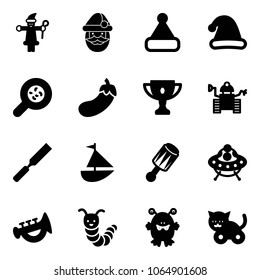 Solid vector icon set - santa claus vector, christmas hat, bacteria, eggplant, gold cup, robot, rasp, sailboat toy, beanbag, ufo, horn, caterpillar, monster, cat
