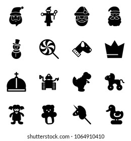 Solid vector icon set - santa claus vector, snowman, lollipop, dog, crown, robot, dinosaur toy, wheel horse, doll, bear, unicorn stick, duck