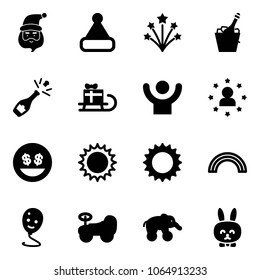 Solid vector icon set - santa claus vector, christmas hat, firework, champagne, sleigh gift, success, star man, money smile, sun, rainbow, balloon, baby car, elephant wheel, toy rabbit