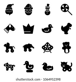 Solid vector icon set - santa claus vector, snowman, lollipop, dog, crown, duck toy, dinosaur, wheel horse, elephant, ufo, bear, cat