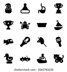Solid vector icon set - santa claus vector, christmas hat, stomach, win cup, gold, robot, basin, sailboat toy, plane, beanbag, unicorn stick, duck, car, boat, cat