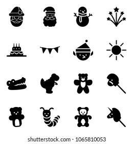 Solid vector icon set - santa claus vector, snowman, firework, cake, flag garland, christmas elf, sun, crocodile, dinosaur toy, bear, horse stick, caterpillar, unicorn