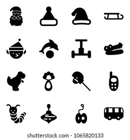 Solid vector icon set - santa claus vector, christmas hat, sleigh, elf, dolphin, gyroscope, crocodile, dinosaur toy, beanbag, horse stick, phone, caterpillar, wirligig, yoyo, bus