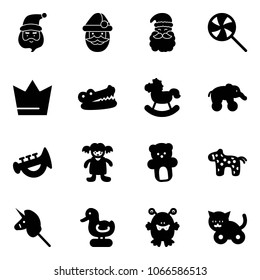 Solid vector icon set - santa claus vector, lollipop, crown, crocodile, rocking horse, elephant wheel, horn toy, doll, bear, unicorn stick, duck, monster, cat