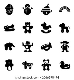 Solid vector icon set - santa claus vector, snowman, christmas elf, rainbow, crocodile, bear toy, rocking horse, wheel, elephant, robot, horn, doll, duck