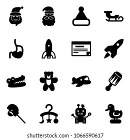 Solid vector icon set - santa claus vector, christmas hat, sleigh, stomach, rocket, schedule, crocodile, bear toy, plane, beanbag, horse stick, baby carousel, robot, duck
