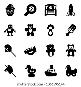 Solid vector icon set - santa claus vector, bacteria, money chest, rocket, robot, bear toy, beanbag, horse stick, horn, unicorn, duck, boat