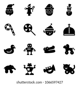 Solid vector icon set - santa claus vector, snowman, lollipop, christmas elf, crown, duck toy, robot, crocodile, wheel horse, elephant, horn, cat