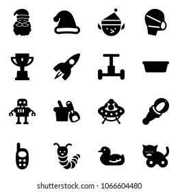 Solid vector icon set - santa claus vector, christmas hat, elf, medical mask, win cup, rocket, gyroscope, basin, robot, shovel bucket, ufo toy, beanbag, phone, caterpillar, duck, cat