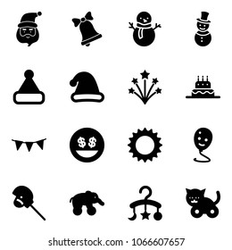 Solid vector icon set - santa claus vector, bell, snowman, christmas hat, firework, cake, flag garland, money smile, sun, balloon, horse stick toy, elephant wheel, baby carousel, cat