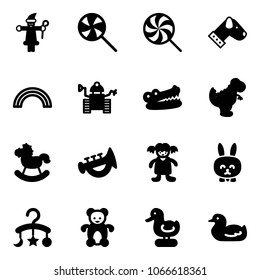 Solid vector icon set - santa claus vector, lollipop, dog, rainbow, robot, crocodile, dinosaur toy, rocking horse, horn, doll, rabbit, baby carousel, bear, duck