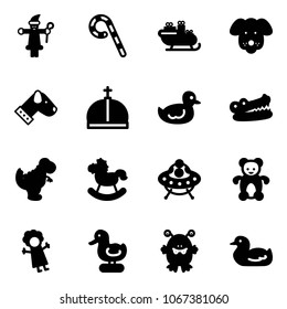 Solid vector icon set - santa claus vector, lollipop, sleigh, dog, crown, duck toy, crocodile, dinosaur, rocking horse, ufo, bear, doll, monster