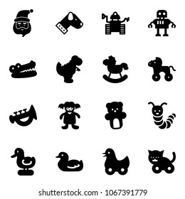 Solid vector icon set - santa claus vector, dog, robot, crocodile, dinosaur toy, rocking horse, wheel, horn, doll, bear, caterpillar, duck, cat