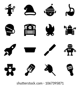 Solid vector icon set - santa claus vector, christmas hat, elf, stomach, medical mask, money chest, fire, robot, rocket, basin, rasp, bear toy, beanbag, unicorn stick