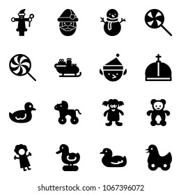 Solid vector icon set - santa claus vector, snowman, lollipop, sleigh, christmas elf, crown, duck toy, wheel horse, doll, bear