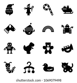 Solid vector icon set - santa claus vector, lollipop, sleigh, dog, christmas elf, rainbow, robot, dinosaur toy, bear, horn, caterpillar, baby carousel, duck, cat